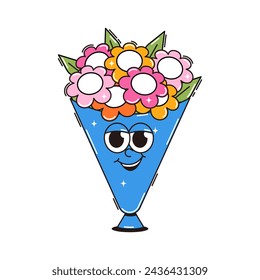 Happy birthday sticker in retro groovy style. Vintage character bouquet of flowers. Funky mascot with psychedelic smile. Vector illustration isolated on transparent background.