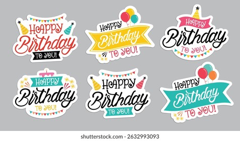 Happy birthday stickers calligraphy clipart set. Birthday typography sticker greeting clip art in colorful sticker graphic element collection vector illustration. 
