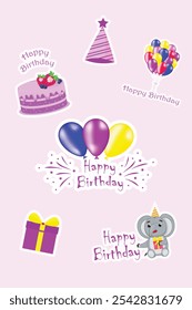 Happy birthday stickers for card,design.Gift box,birthday cake,balloon.Vector illustration.