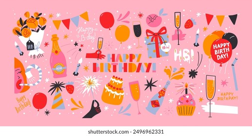 Happy Birthday stickers in cartoon retro 90s style.Groovy shapes. Celebration congratulations patches with cakes, sweets and animals. Vector bright template for party, event.