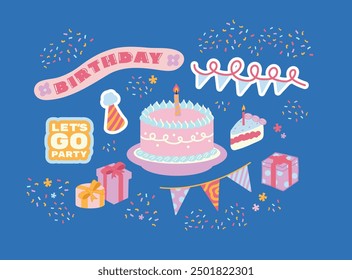 Happy Birthday stickers in cartoon retro 90s style. Minimalist shapes. Celebration congratulations patches with cakes, sweets, presents. Vector bright template for party, event