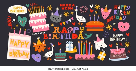 Happy Birthday stickers in cartoon retro 90s style. Minimalist shapes. Celebration congratulations patches with cakes, sweets and animals. Vector bright template for party, event.