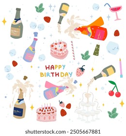 Happy Birthday stickers collection in cartoon retro 90s style. Vector bright template for party and event. Champagne bottles, vintage cakes, cocktail glasses and gift box on a white background