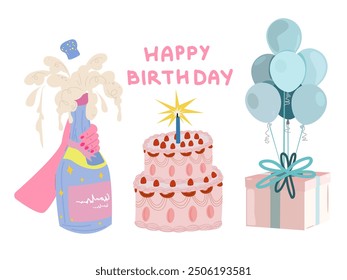 Happy Birthday stickers collection in flat retro 90s style. Champagne bottles, vintage cakes, cocktail glasses and gift box with balloons on a white background. Birthday greeting vector poster
