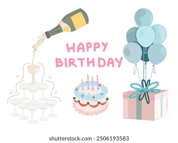 Happy Birthday stickers collection in flat retro 90s style. Champagne bottles, vintage cakes, cocktail glasses and gift box with balloons on a white background. Birthday greeting vector poster