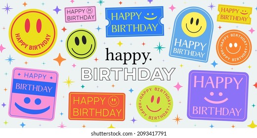 Happy Birthday Stickers Collection Vector Illustration.