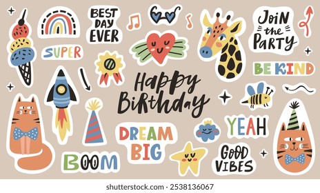 Happy birthday stickers with funny cute cats, giraffe, heart, star, letterings. Vector set