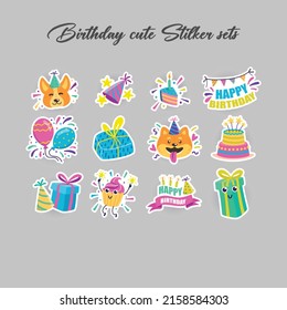 Happy birthday stickers with funny elements: ice cream, candy, coffee cup. Can be used for a birthday party, avatars, tags, cupcake toppers, and clothes. Happy birthday stickers vector design