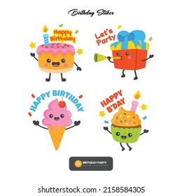 stickers de cumpleaños felices con elementos graciosos: helado, dulces, taza de café. Se puede usar para una fiesta de cumpleaños, avatares, etiquetas, cupcakes y ropa. Diseño vectorial de stickers de cumpleaños feliz