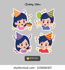 Happy birthday stickers with funny elements: ice cream, candy, coffee cup. Can be used for a birthday party, avatars, tags, cupcake toppers, and clothes. Happy birthday stickers vector design