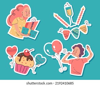 Happy Birthday stickers gift label celebration decoration doodle style isolated set collection. Vector isolated graphic design illustration