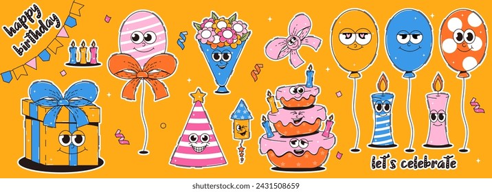 Happy birthday stickers in retro groovy style. Vintage characters gift box, cake, balloons and more. Vector set illustration.
