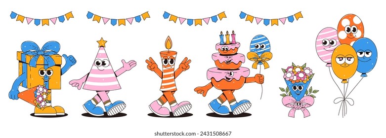 Happy birthday stickers in retro groovy style. Vintage characters gift box, cake, candle and more. Transparent background. Vector set illustration.