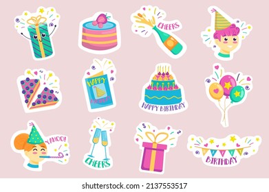 Happy Birthday stickers set. Bundle of cake with candles, drink, boy and girl in festive hat, balloon, gift, garland and other badge. Vector illustration with isolated printed material in flat design