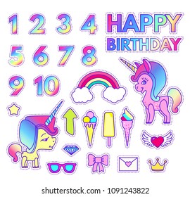 Happy Birthday Stickers Set with Digits, Love and Unicorn, Rainbow, Ice Cream, Arrow, Star, Diamond, Sun Glasses, Bow, Letter, Crown and Flying Heart. Patch Badges Collection. Vector illustration