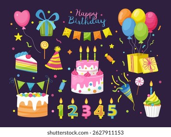 Happy Birthday Stickers Set. Fun labels or patches with gift, cake, balloons, confetti, garland and candles. Design elements for holiday celebration. Flat vector illustration isolated on background