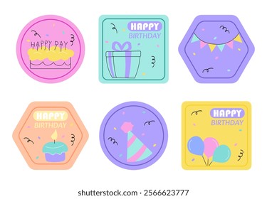 Happy birthday stickers set. Geometric shapes with cake, cupcake, candles, balloons, cone hat and gift box. Holiday and festival. Flat vector collection isolated on white background