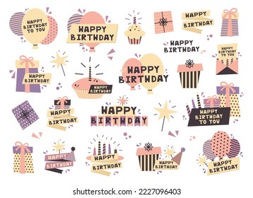 Happy birthday stickers set for greeting cards, birthday cards, invitation cards. Flat style.