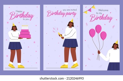 Happy Birthday Stories Templates For Social Media. Birthday African American Girl Invite To Party. Flat Vector Illustration.