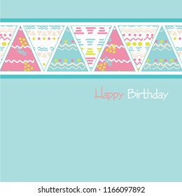 Happy Birthday! String of flags with funny patterns on a blue background. Vector illustration.