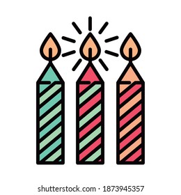 happy birthday striped candles decoration celebration party, line and fill style vector illustration