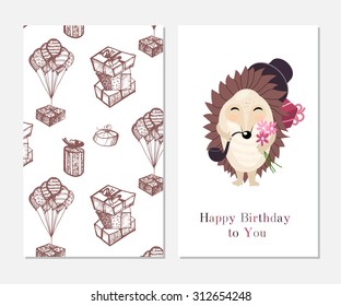Happy birthday! Stylish inspiration card in cute style with cartoon  gentleman hedgehog. Template for gift accessories, scrapbook, cards, notebooks, diary, decals.