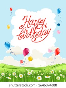 Happy birthday summer card. Balloons and flowers congratulations. 