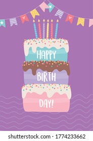 happy birthday, sweet cake with candles pennants food celebration party festive vector illustration