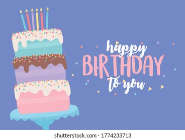 happy birthday, sweet cake with candles and lettering decoration celebration party vector illustration