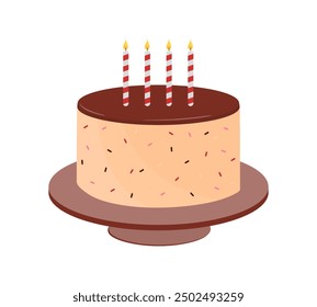 Happy birthday, sweet cake with candles. Holiday party confectionery in cartoon style. B-day cake isolated on white background. Festive sweet dessert in colored flat style. Vector illustration