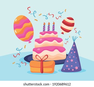 Happy Birthday Sweet Cake With Hat And Balloons Helium Vector Illustration Design