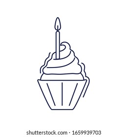 happy birthday, sweet cupcake with burning candle celebration party vector illustration line style icon