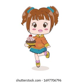 Happy birthday sweet cupcake cute girl hold cake strawberry cartoon vector 