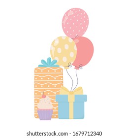 happy birthday sweet cupcake gifts and balloons celebration decoration card vector illustration