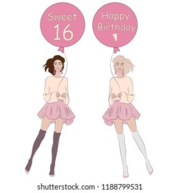 Happy birthday. Sweet sixteen. Two identical girls with different hair colors. Postcard design. Vector illustration.