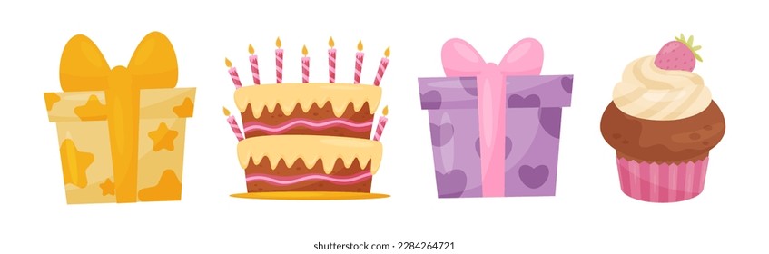 Happy Birthday Symbols with Gift Box, Cupcake and Candle Vector Set