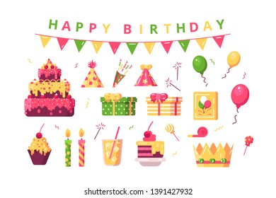 Happy birthday symbols set vector illustration. Composition consists of letters inscription with flags holiday cake present boxes balloons streamer and festive cap flat design. Date of birth concept