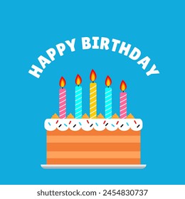 happy birthday tart cake with blue background cartoon style and various colour of candle