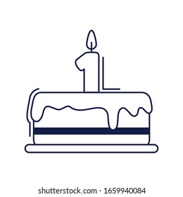 happy birthday, tasty cake with candle number one celebration party vector illustration line style icon