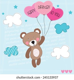 happy birthday teddy bear with balloons vector illustration