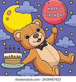 Happy Birthday Teddy Bear Colored Cartoon 