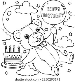 Happy Birthday Teddy Bear Coloring Page for Kids