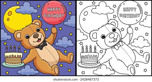 Happy Birthday Teddy Bear Coloring Illustration