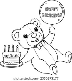 Happy Birthday Teddy Bear Isolated Coloring Page