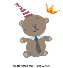 Happy Birthday with a teddy bear in a party hat and tie. Vector.