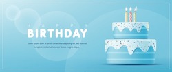 Happy Birthday Template. It's A Boy. Birthday Greeting Card With 3D Cute Cake And Candle On Blue Background For Birthday Anniversary Party Event, Banner, Flyer, Advertising. Vector Illustration
