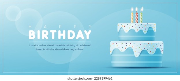 Feliz diseño de plantillas de cumpleaños. Tarjeta de bienvenida de cumpleaños con pastel lindo 3D sobre fondo azul para fiesta de cumpleaños, evento, cartel, volante, publicidad. Ilustración vectorial.