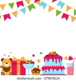 Happy Birthday template card. Flat vector illustration. Kids party and celebration design elements: cake, gift, sweet. Invitation.