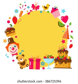 Happy Birthday template card. Flat vector illustration. Kids party and celebration design elements. Cake, gift, bear, clown.