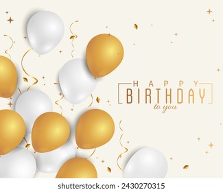 Happy Birthday template congratulation card with white and gold balloons